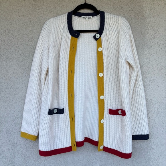 Alex Mill Cream Cardigan with Navy, Mustard & Red Trim - NWOT - Picture 7 of 8